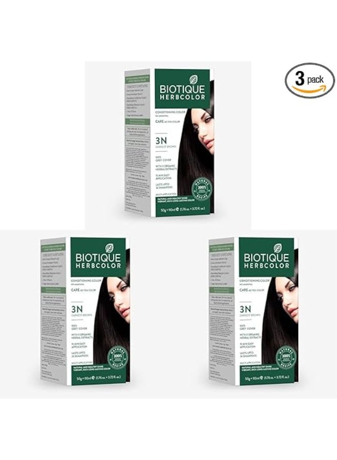 Biotique Herbcolor Conditioning Hair Colour l Ammonia Free Hair Color l 9 Organic Herbal Extracts l Natural and Healthy Shine l 50g + 110ml| Darkest Brown 3N (Pack of 3) - Image 1